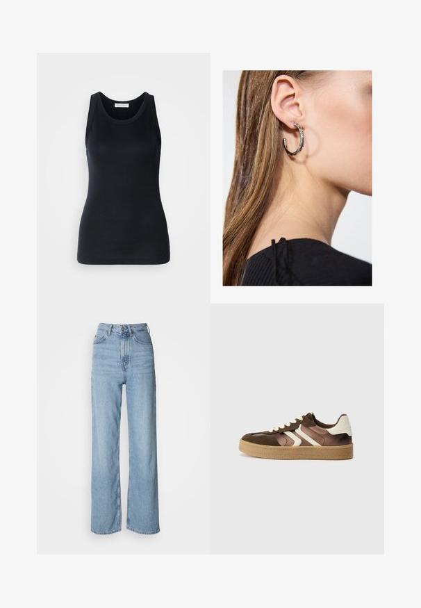 Zwarte tanktop gemaakt van zachte, rekbare stof. Heeft een ronde halslijn en brede schouderbanden, met een aansluitende snit en een gladde textuur.; Lichtblauwe high-waisted jeans met een rechte pijp, gemaakt van denim, met een sluiting aan de voorkant met knopen en subtiele vervagingdetails.; Bruine en crèmekleurige sneakers van een combinatie van suede en satijn, met drie diagonale strepen en een gestructureerde gumrubberen zool.; Zilveren oorbel met een gepolijste afwerking, met kleine gouden accentdetails en een ronde vorm, gedragen op de oorlel.