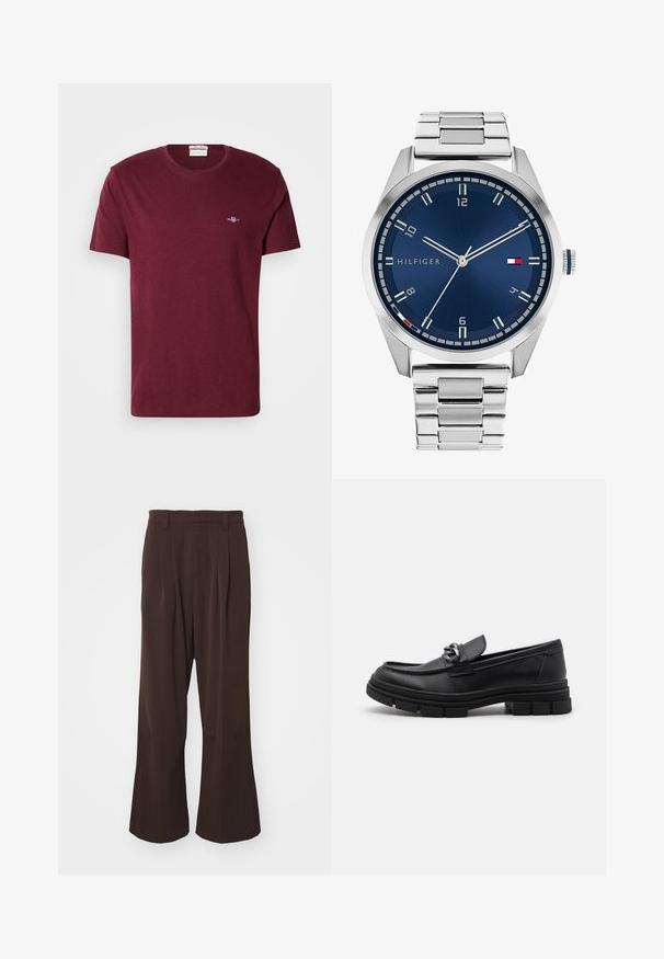 Burgundi spalvos trumpomis rankovėmis marškinėliai su apvaliu kaklu ir mažuoju baltu siuvinėtu GANT logotipu kairėje krūtinės pusėje.; Kavos platėjančios kelnės su aukštu liemeniu, su priekinėmis klostėmis ir diržo kilpom, pagamintos iš lygios, lengvos medžiagos.; Juodos odinės loafer'iai su apvalia priekiu, dekoratyvine juostele ir metaliniais elementais, taip pat storiu tekstūruotu padu. Lygus paviršius su subtiliu detalizavimu.; Sidabrinis metalinis laikrodis su šlifuotu mėlynu ciferblatu, baltais valandų žymekliais ir datos indikacija. Yra metalinė grandinė ir prekės ženklo logotipas.