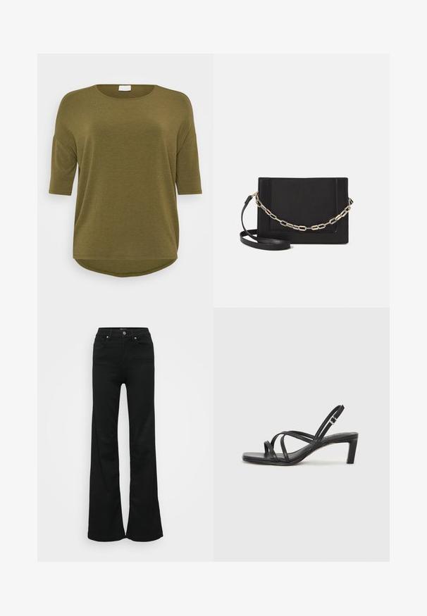 ONLY Carmakoma CARLAMOUR 3/4 - Pikkade varrukatega topp - winter moss; Mustad laiad teksapüksid, valmistatud denimist, kõrge vöökoht, viis taskut ja metallist nööpkinnitus. Sujuv tekstuur väheste detailidega.; Mustast rihmajalatsid ruudukujulise varba ja madala ploki kontsaga. Omab mitmeid õhukesi rihmasid ja reguleeritavat pahkluu rihma. Valmistatud siledast nahast.; Mustast nahast õlakott, mis omab siledat tekstuuri, ristküliku kuju ning esiküljel metallketi detaili. Reguleeritav rihm on kaasas.