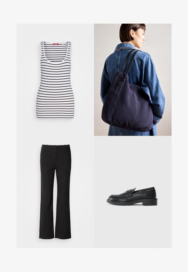 Esprit TANK - Top - black; Čierne nohavice z bavlneného zmesového materiálu s rovnými nohavicami, predným zapínaním na gombík a dvoma bočnými vreckami. Hladká textúra, žiadne viditeľné vzory.; Čierne kožené mokasíny s okrúhlym špičkou, prešívanými detailmi a malým opätkom. Hladký povrch a flexibilná gumová podrážka.; Námorná plátenná taška na rameno s mäkkým, štruktúrovaným tvarom, vybavená čiernym popruhom, prešívaním a malou značkovou visačkou.