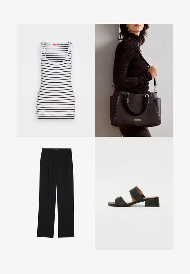 Esprit TANK - Top - black; Pantaloni negri cu un design drept, dotati cu doua buzunare frontale si un talie. Fabricati dintr-un material usor si neted.; Sandala din piele neagră cu două curele late peste picior, vârf pătrat și toc mic. Textură netedă și design minimal.; Geantă de umăr neagră cu suprafață texturată, cu două mânere superioare și curea de umăr ajustabilă. Dispune de accesorii metalice de culoare aurie și buzunare laterale.