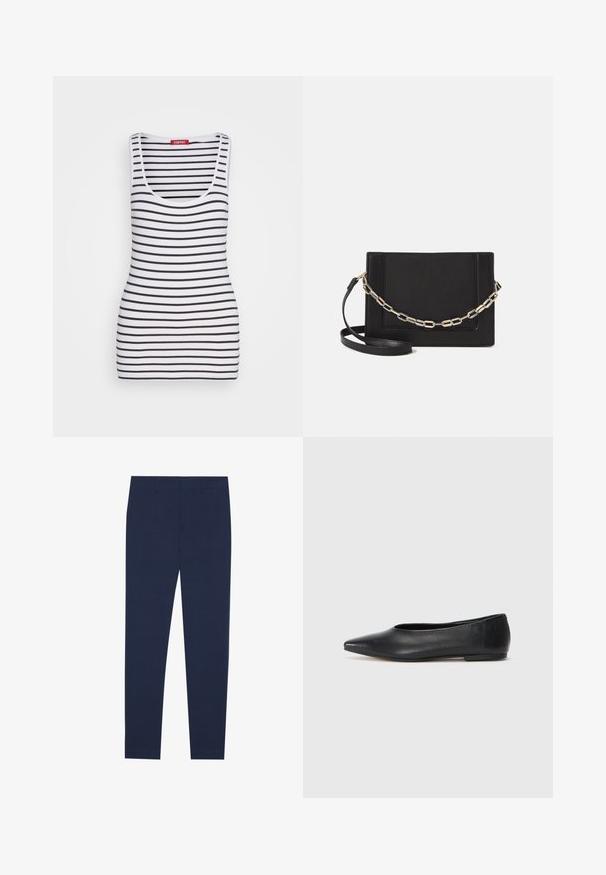Esprit TANK - Topp - black; Tumedid sinised püksid, mis on valmistatud sileda kangaga, sirge jalgade lõike ja lapikuga esiosaga. Ilma nähtavate mustrite või aktsentideta.; Musthave mustris balletkingad, terav nina, minimaliseeritud disain, sile pind, madal konts, ilma nähtava riistvara või kaunistusteta.; Mustast nahast õlakott, mis omab siledat tekstuuri, ristküliku kuju ning esiküljel metallketi detaili. Reguleeritav rihm on kaasas.