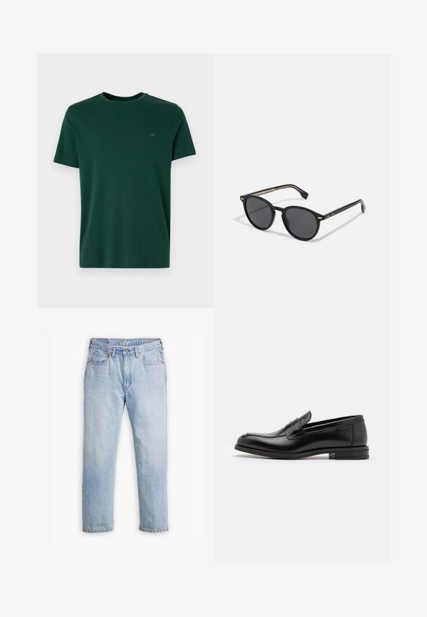 Tumši zaļš kokvilnas T-krekls ar apaļu kaklu, īsām piedurknēm un mazu logotipu uz krūts. Gluda tekstūra, brīva piegriezuma.; Gaiši zili džinsi ar taisnu kāju dizainu, piecu kabatu stilu un kontrastējošu diegu. Pogas un rāvējslēdzēja aizdare jostasvietā.; Melnas ādas kurpes ar gludu tekstūru, noapaļu purngalu un dekoratīvu siksniņu pāri priekšpusei. Zems sakrauts papēdis, minimālisma dizains.; BOSS Saulesbrilles - black