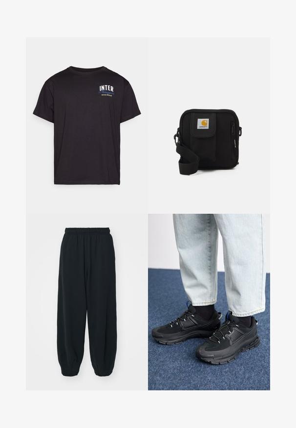 Svart bomull t-skjorte med korte ermer, med hvit og blå trykt tekst "INTER" og "Nerazzurri" på brystet. Avslappet passform.; Sorte, joggebukser med elastisk liv, løs passform, mansjetter på ankler, glatt tekstur og uten synlige mønstre eller hardware-detaljer.; Svarte sportssko med teksturert stoff og gummisåler, med elastiske lisser og en blå detalj på hælen. Brukt med lyse denimbukser.; Svart crossover-veske med en glidelåslukking hovedrom, frontlomme, justerbar stropp og et synlig logo-patch på klaffen.