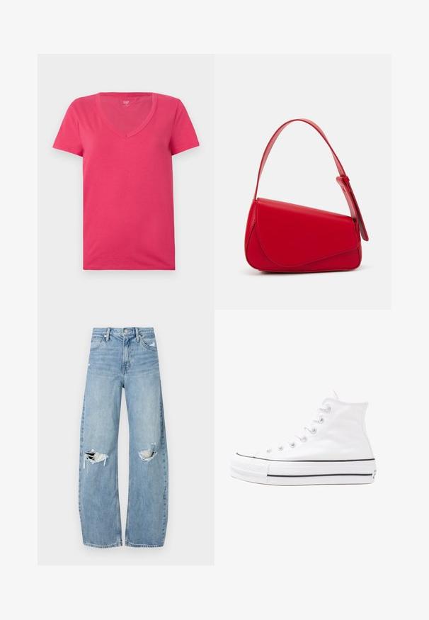 Pink cotton T-shirt with a V-neck and short sleeves. Soft texture, fitted design, and no visible patterns or accents.; Light blue, high-waisted jeans made of denim. Feature wide legs, two torn knee areas, and classic five-pocket styling.; White high-top canvas sneaker with black rubber sole, front rubber toe cap, and six eyelets for laces, featuring a clean, minimalist design.; Red leather handbag with an angular, geometric design. Features a single adjustable strap and a flap closure with stitched detailing.