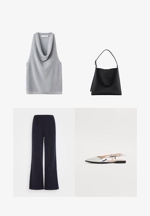 Bez rukava, sivi pleteni top s naboranim dekolteom. Teksturalna tkanina i opušteni kroj, s ravnim rubom i minimalnim detaljima.; Tamno plave široke hlače s vertikalnim bijelim prugama, elastičnim pojasom i mekanom tkaninom, koje nude opušteni kroj.; Srebrne slingback balerinke s šiljastim vrhom i niskom petom. Sjajan lakirani završetak s izrezbarenom dizajnom sa strane i podesivom kopčom.; Crna kožna torba s glatkom teksturom, minimalističkim dizajnom i jednim zakrivljenim remenom za nošenje preko ramena. Otvorena na vrhu, bez vidljivih metalnih dijelova.
