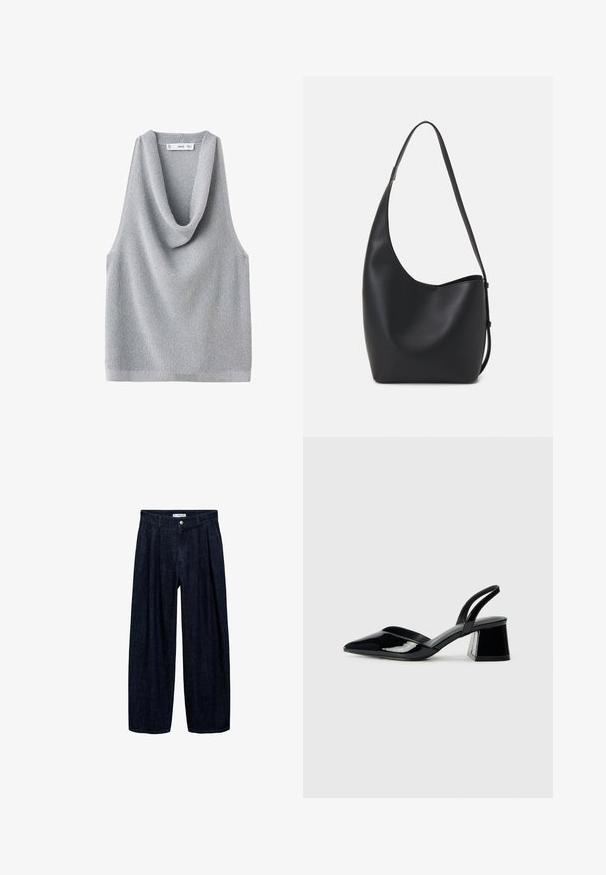 Ärmlös grå stickad topp med draperad halsringning. Texturerad tyg och en avslappnad passform, med rak nederkant och minimala detaljer.; Mörk denim vida byxor med veck vid midjan, med en framknapp och bältesögglor. Slät textur och helängdsdesign.; Svarta lackläder slingback klackar med spetsig tå och geometrisk klack. Har en elegant, minimalistisk design och slät yta.; Svart läder hobo-väska med en slät textur, kurvig form och en justerbar axelrem; har en bred öppning upptill.