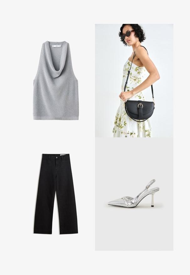 Ärmelloses graues Strickoberteil mit einem drapierten, cowlartigen Ausschnitt. Texturiertes Material und eine lockere Passform, mit geradem Saum und minimalen Details.; Schwarze weit geschnittene Jeans mit hoher Taille, ausgestattet mit Vorder- und Hintertaschen, gesteppten Nähten und einem Knopfverschluss. Glatte Textur.; Silberner Slingback-High-Heel-Schuh mit spitz zulaufender Zehenpartie, metallic-finish, zwei dekorativen Riemen und einem schlanken Absatz mit schwarzer Spitze.; Schwarze Lederhandtasche mit geschwungener Form, abnehmbarem Tragegurt und goldenen Beschlägen. Die Tasche verfügt über einen Deckel mit einer Schnallen-Details.