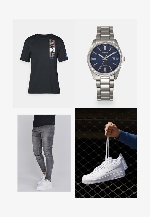 Sort bomulds T-shirt med korte ærmer. Har fed lodret "JUST DO IT!" tekst i rød og hvid, samt et blåt logo på ærmet.; Slank jeans i falmet grå denim med slidte detaljer ved knæene, parret med hvide sneakers. Glat tekstur, slim fit design.; Hvide lædersneakers med perforeringer, rund tå, flad sål og tykke snørebånd, med et synligt swoosh-logo og "AIR" på hælen.; Sølv rustfrit stål urrem med en marineblå urskive, metallic timemarkører og et datovindue kl. 3. Vandafvisende op til 50 meter.