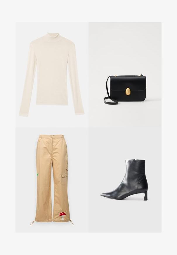 Krémový rolák s dlhým rukávom vyrobený z jemnej, ľahkej tkaniny. Má priliehavý strih s hladkými švami a úzkym golierom.; Béžové cargo nohavice vyrobené z hladkej látky, s vyšitým hubou a palmou, nastaviteľným lemom a bočnými vreckami.; Čierne kožené členkové topánky s špicatou špičkou a elegantným dizajnom. Majú nízky podpätok a zips na zadnej strane. Hladká textúra.; Čierna kožená kabelka so štruktúrovaným obdĺžnikovým tvarom. Obsahuje zlaté oválne zapínanie a tenký ramenný popruh. Hladká textura.