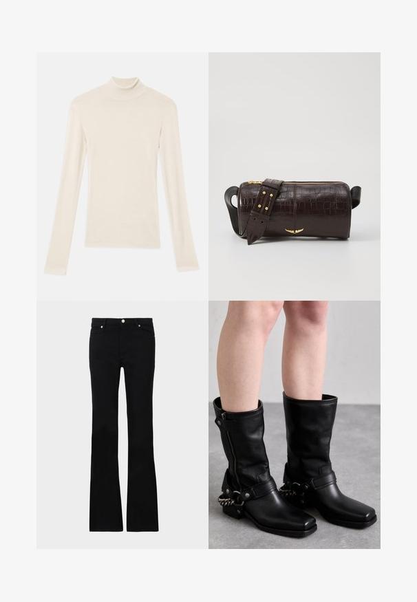 Haut à col roulé crème à manches longues en tissu doux et léger. Doté d'un design ajusté avec des coutures lisses et un col étroit.; Jean évasé noir en denim, avec deux poches avant, une fermeture à bouton et une texture lisse. Couture signature visible aux coutures.; Bottes noires en cuir, montant jusqu'au genou, avec un bout carré, fermeture éclair sur le côté et sangle ajustable avec un accent en chaîne métallique. Fini mat et semelle robuste.; Sac en cuir embossé crocodile marron avec une forme cylindrique, quincaillerie dorée et une bandoulière détachable ornée de clous.