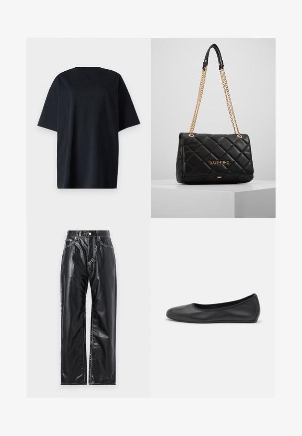 Fekete, oversized pamut póló, rövid ujjakkal, kerek nyakkivágással és finom dombornyomott márkázással a hátoldalon.; Fekete műbőr nadrág széles lábbetéttel, fehér varrással, elülső zsebekkel és arany gombbal a derekán.; Fekete bőr balettcipő lekerekített orral, sima tekstúrával, minimális varrással és rugalmas talp kialakítással.; Fekete steppelt bőrtáska arany lánc pánttal és logó részlettel. Téglalap alakú, sima textúrájú, fedélzáras kialakítással.
