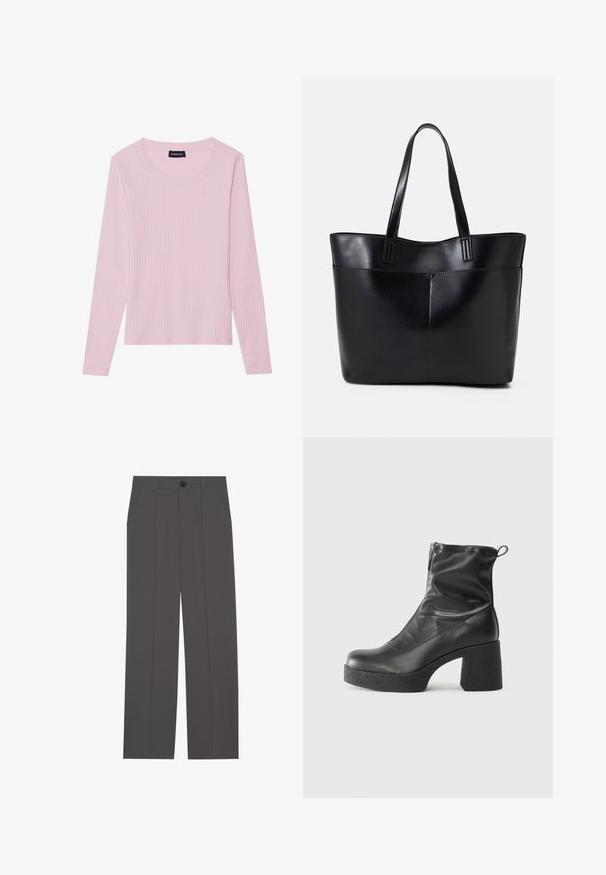 Top de manga longa em rosa claro, com um decote redondo e uma silhueta justa. Feito de um tecido suave e texturizado. Design minimalista, sem padrões.; Calças cinzas com um design de perna reta, apresentando dois bolsos laterais e um fecho de botão. Tecido suave sem padrões ou detalhes visíveis.; Botas de tornozelo pretas feitas de couro liso, com fecho lateral, salto grosso texturizado e design de bico arredondado.; Bolsa tote preta em couro com duas alças longas, textura suave e forma estruturada. Apresenta um bolso frontal para armazenamento adicional.