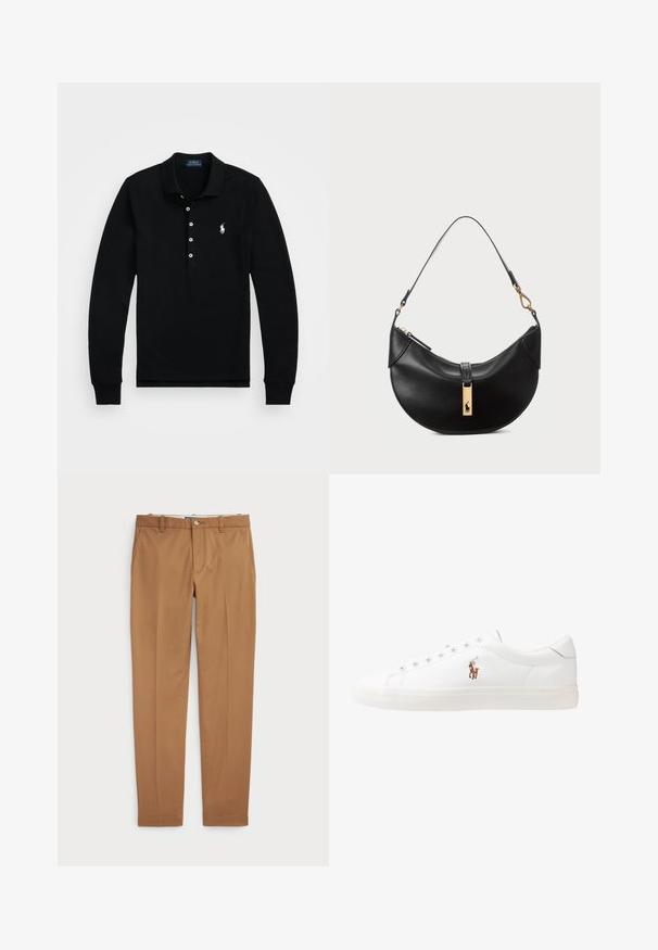 Polo Ralph Lauren STRETCH POLO SHIRT - Ilgarankovis viršutinės dalies drabužis - black; Rudos medvilnės kelnes su siauru siluetu, lygiu priekiu ir standartinėmis kišenėmis; sklandžios tekstūros ir apkarpytais rankogaliais.; Baltos odinės sportbačiai, žemo profilio, su lygia tekstūra, apvalia nosimi, raištelių sistema priekyje ir mažyte siuvinėta logo šone.; Juodos odos rankinė pusmėnulio forma. Papuošta auksinėmis detalėmis ir siaura juosta. Lygi tekstūra, užtrauktuko uždarymas viršuje.