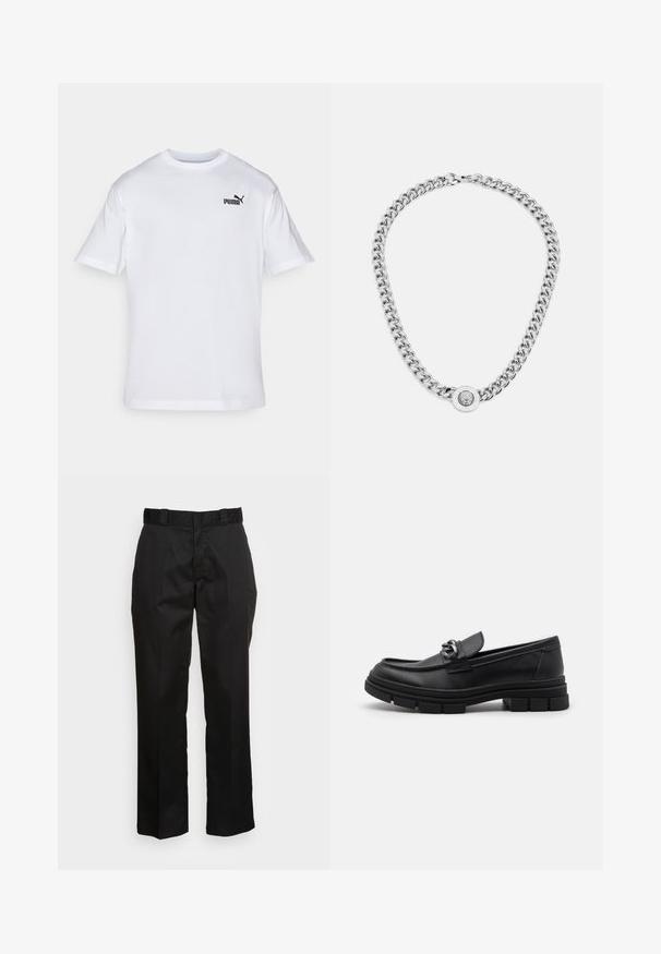Vit bomull t-shirt med korta ärmar, med en svart Puma-logotyp på vänster bröst. Rund halsringning, standard passform, slät textur.; Svarta byxor i ett slätt tyg med raka ben, bälteshällor och två sidofickor. Klassisk look utan utsmyckningar.; Svart läderloafersko med rund tå, en dekorativ rem och hårdvara, samt en chunky texturerad sula. Slät finish med subtila detaljer.; Silverfärgad kedjohalsband med tjocka länkar och en central rund berlock med intrikata detaljer. Slät, reflekterande metallyta.