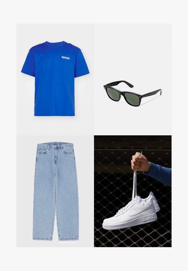 Dickies MONTROSS TEE - Apdrukāts T-krekls - turkish sea; Gai zila džinsu bikses ar taisnu kāju dizainu, kas piedāvā vidēju vidukļa augstumu, piecas kabatas un pogas un rāvējslēdzēja aizdari.; Baltas ādas sporta apavi ar perforācijām, apaļu purngali, plakanu zoli un biezām šņorēm, ar redzamu swoosh logo un vārdu "AIR" uz papēža.; Melnas plastmasas saulesbrilles ar zaļiem lēciem, kvadrātveida rāmjiem, sudrabainu akcentu uz uzacīm un teksturētām tempļu kājām. Zīmols norādīts uz iekšējās kājas.; Pieci sudraba gredzeni: viens ar melnu apaļu detaļu, viens ar baltu un melnu ģeometrisku rakstu, un citi ar dažādām formām un apdarēm.