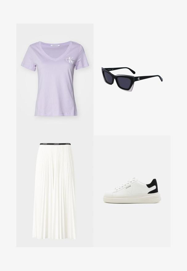 Calvin Klein Jeans MONOLOGO V NECK TEE - Tricou cu imprimeu - lilac; Fustă plisată albă cu un brâu elastic negru, având logo-ul "LACOSTE". Design de lungime medie, cu textură moale.; Adidași din piele albă cu o talpă groasă albă, accent de călcâi din suede negru și logo embosat pe lateral. Design cu șireturi și șase orificii.; Ochelari de soare supradimensionați, negri, cu o formă geometrică, având lentile întunecate și un detaliu gri contrastant pe ramă. Logo pe braț.