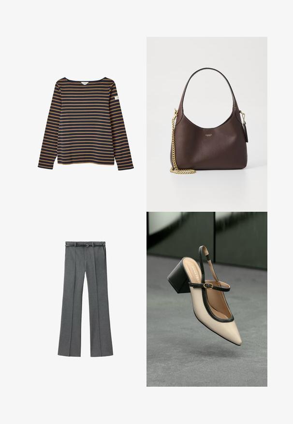 Prúhovaný dlhý rukáv v námorníckej modrej a horčicovej žltej farbe, s lodičkovým výstrihom a malou nášivkou loga na ľavom rukáve. Mäkká bavlnená tkanina.; Sivé elegantné nohavice so strmerou nohou, vyrobené z ľahkej látky, s pútkami na opasok a úzkym opaskom so striebornou sponou.; Béžová lodička so špicatou špičkou, s čiernym lemom, zlatou prackou a robustným blokovým podpätkom na šedom podlahe s tmavozeleným pozadím.; COACH BROOKLYN SHOULDER BAG 23 - Kabelka - maple