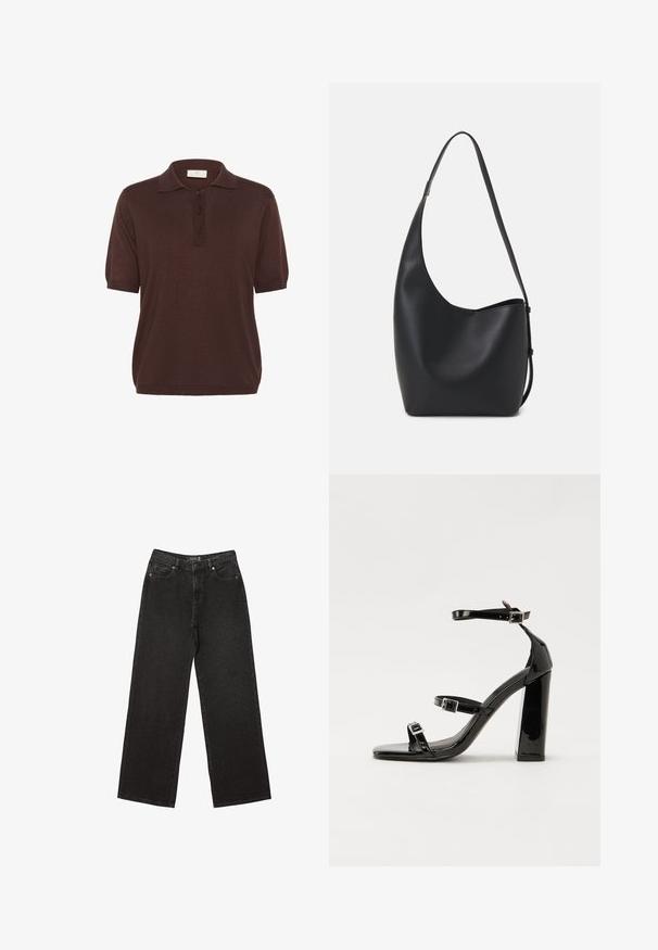 Hnedá polokošeľa s krátkym rukávom, s klasickým golierom, troj-button zapínaním a textúrovanou pleteninou. Pohodlný, uvoľnený strih.; Čierne široké džínsy vyrobené z denimu, s malými bodkovanými vzormi, klasickým dizajnom s piatimi vreckami a zapínaním na gombík a zips.; Čierne lakované sandále na podpätku so štvorcovou špičkou, navlečenými remienkami okolo členku a striebornými prackami. Disponujú masívnym blokovým podpätkom pre stabilitu.; Čierna kožená hobo taška so hladkou textúrou, zakriveným tvarom a jedným nastaviteľným popruhom; má široké otvorenie na vrchu.