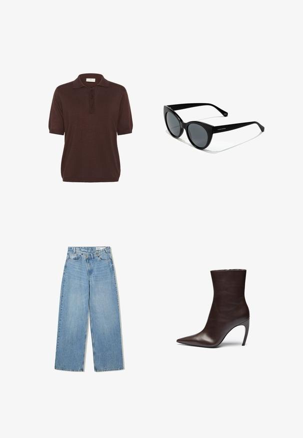 Polo shirt marrone a maniche corte, con colletto classico, patta con tre bottoni e tessuto a maglia texturizzata. Vestibilità casual e rilassata.; Jeans azzurri a gamba larga realizzati in denim, con vita alta, cinque tasche, chiusura a bottone e una leggera scoloritura per aggiungere texture.; Stivale alla caviglia in pelle marrone con punta affusolata, silhouette slanciata e tacco a stiletto alto. Presenta una texture liscia e un design minimalista.; Occhiali da sole a forma di gatto con montatura in plastica nera, lenti grigie e finitura liscia. Presenta il logo sul braccio sinistro e templi curvati.; Borsa a tracolla in pelle nera con design curvo, hardware color oro e manico superiore. Caratterizzata da una chiusura elegante e una superficie liscia.