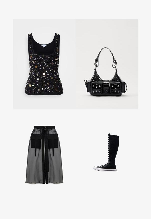 Fekete bordázott ujjatlan felső kerek nyakkivágással, különböző formájú és színű, csillogó flitterekkel és gyöngyökkel díszítve.; Fekete áttetsző szoknya ráncolt derékrésszel, két nagy elülső zsebbel, derékpánttal és kör alakú fém díszítéssel.; Fekete magasszárú tornacipők, magas kialakítással, vászonból készült. Fehér fűzőkkel, varrással és gumitalppal rendelkezik, melynek elülső része meg van erősítve.; Fekete bőr kézitáska ívelt designnal, ezüst szegecsekkel, csattal és két oldalsó zsebbel. Állítható vállpánt a hordozási lehetőségekhez.