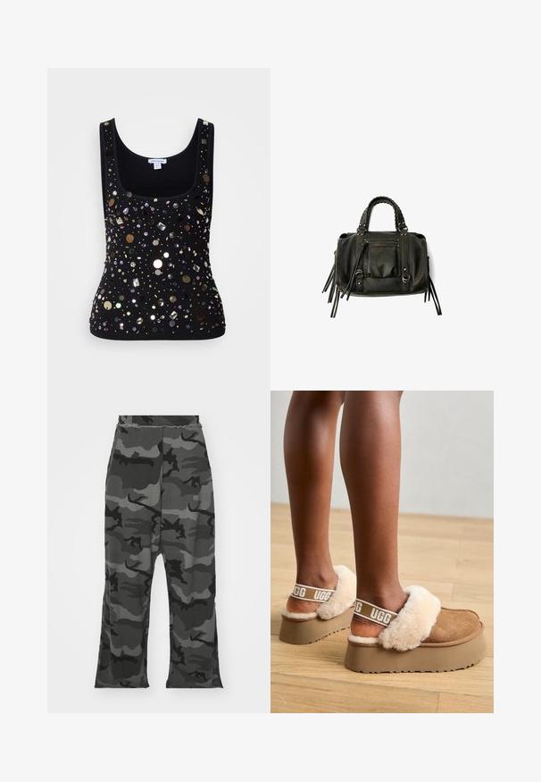 Zwart geribd mouwloos topje met een ronde hals, versierd met verschillende glanzende pailletten en kralen in meerdere vormen en kleuren.; Camo joggers in zwart- en grijstinten, met een elastische tailleband, een ruime pasvorm en lichte spltits aan de onderkant van de benen.; Bruine platformslippers met een met bont gevoerde band en zachte beige bontaccenten. Bevat een logo op de band en een gestructureerde buitenzool.; Zwarte lederen handtas met gevlochten handvatten, ritsvak en hangende franjes. Gelaagde oppervlakte met metalen studs en hardwareaccenten.