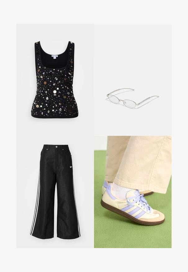 Top negro sin mangas de tejido acanalado con escote redondo, decorado con diversas lentejuelas y cuentas brillantes en múltiples formas y colores.; Pantalones de denim anchos y negros con tres franjas blancas en cada lado y un pequeño logo blanco. Cuenta con bolsillos frontales y un cierre de botón.; Zapatillas de crema y lavanda con tres rayas y una suela marrón texturizada, que cuentan con cordones y un talón acolchado. Parte superior de tela suave.; Gafas ovaladas con un marco metálico plateado, lentes transparentes y acentos de templos con textura de cuentas. Diseño ligero con brazos curvados.; Bolso de mano de cuero negro con dos asas cortas, herrajes plateados, detalles en blanco y un logotipo blanco. Presenta una superficie texturada y un diseño compacto.