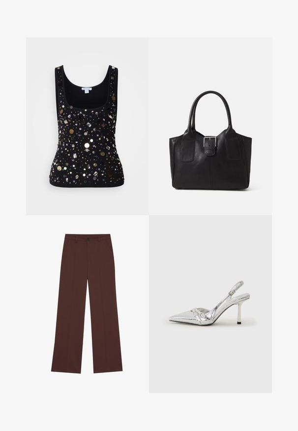 Haut sans manches noir à rayures avec encolure dégagée, décoré de divers sequins brillants et perles de formes et couleurs multiples.; Pantalons larges en tissu brun riche. Équipés d'une fermeture à bouton, de deux poches avant, d'une texture lisse et de lignes épurées.; Escarpin argenté à talon aigu, avec un bout pointu, une finition métallique, deux brides décoratives et un talon élancé avec un embout noir.; Sac fourre-tout en cuir noir avec une texture lisse, une forme structurée, deux poignées et un détail en boucle argentée proéminent à l'avant.