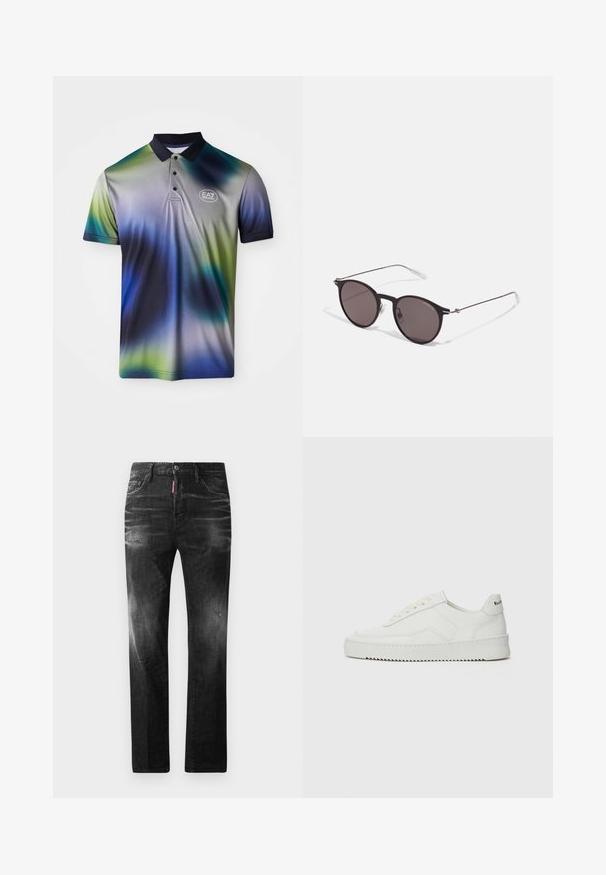Polo tričko v odstínech modré, zelené a šedé s kontrastním tmavým límečkem, zapínáním na tři knoflíky a logem EA7 na hrudi.; Černé džíny z denimu se rovnými nohavicemi. Obsahují vybledlé oblasti, drobné poškození, klasický pětikapsový design a zapínání na knoflík.; Bílé kožené tenisky s hladkým povrchem, kulatou špičkou, plochými tkaničkami a texturovanou podrážkou. Na patě se nachází nenápadné logo.; Černé kulaté sluneční brýle s tmavými skly a tenkými kovovými nohami. Obsahují průhledné koncovky nožiček a stříbrné akcenty na pantu. Minimalistický design.