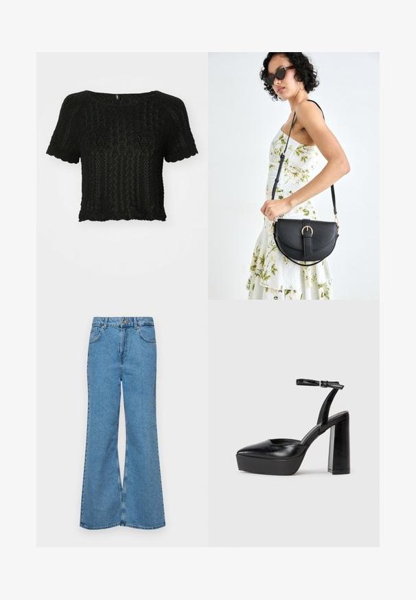 Must kõhuli, lühikeste varrukatega must kudum, millel on avatute kudumispindade ja rippuvate äärtega tekstuuriline muster hemis ja varrukatel.; Heledad sinine flared teksade rõivad, millel on kõrge talje, viis taskut ja üks nupulukk. Pehme tekstuur ja pleekinud viimistlus.; Mustad platvormi kontsad terava ninaga ja reguleeritava pahkluuraamiga. Valmistatud siledast nahast, funktsioneerib massiivse plokknäheeliga.; Mustmust mustraha kõverate joontega, eemaldatava rihmaga ja kuldsete detailidega. Kotil on klapp, millel on pandladetail.