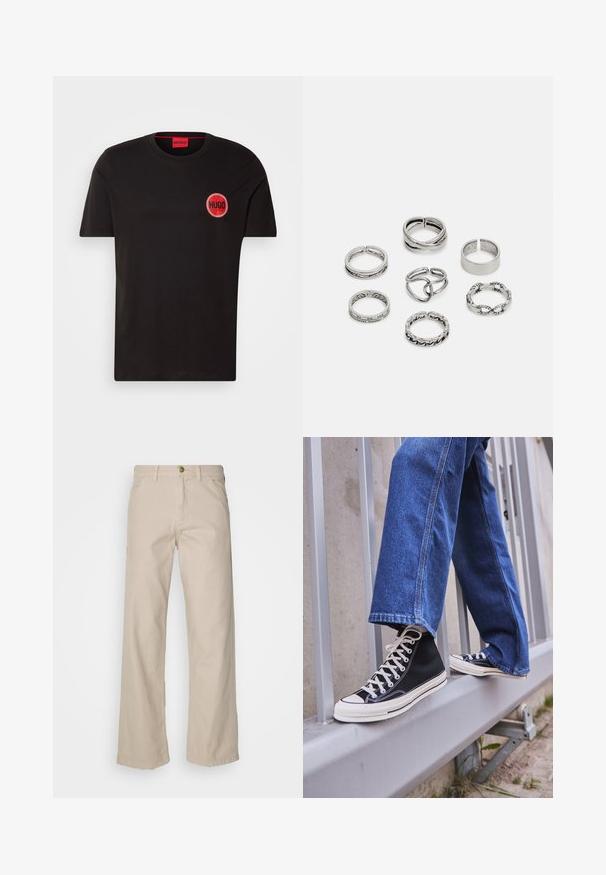 Schwarz Baumwoll-T-Shirt mit rundem rotem Logo, das das Wort "HUGO" zeigt. Standardpassform, Rundhalsausschnitt, kurze Ärmel, glatte Textur.; Beige Baumwollweite Hosen mit fünf Taschen, einem Knopfverschluss und Gürtelschlaufen; glatte Textur mit geradem Schnitt und Saum.; Schwarze High-Top-Sneaker mit weißer Sohle und Schnürsenkeln, kombiniert mit lockeren blauen Jeans, die auf einem grauen Geländer ruhen.; Set aus sieben silbernen Ringen mit verschiedenen Designs, einschließlich verdrehter, verbundener und gravierter Muster. Unterschiedliche Formen und Breiten.