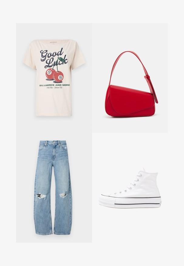 Valkoinen T-paita, joka on valmistettu puuvillasta, sisältää suuren graafisen printin, jossa lukee "Onnea", kaksi punaista kirsikkaa ja "Pöytäpelit ja muuta" -teksti alapuolella.; Vaaleansiniset, korkeavyötäröiset farkut, jotka on valmistettu denimmateriaalista. Ominaisuuksiin kuuluvat leveät lahkeet, kaksi revittyä polvialuetta ja klassinen viiden taskun tyyli.; Valkoiset korkeavartiset kangaskengät mustalla kumipohjalla, edessä kuminen varvasosa ja kuusi nauha-aukkoa, puhtaan minimalistisella muotoilulla.; Punainen nahkalaukku, jossa on kulmikas, geometrinen muotoilu. Varustettu yhdellä säädettävällä hihnalla ja läpällä, jossa on ommeltu yksityiskohtia.