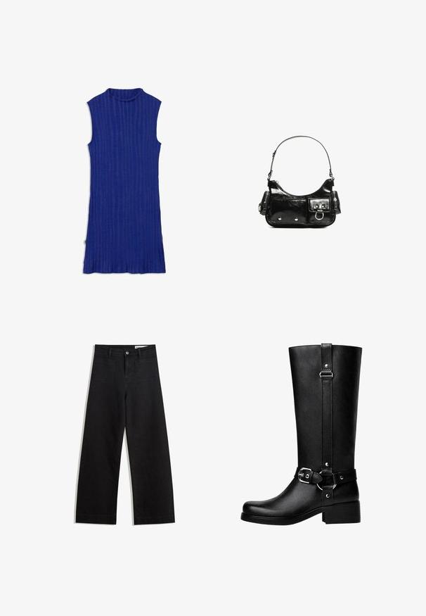 Niebieska sukienka bez rękawów z wysokim kołnierzem, charakteryzująca się pionowym prążkowanym wzorem, bocznymi rozcięciami i luźnym krojem.; Czarne dżinsowe spodnie o szerokich nogawkach i wysokim stanie, z przednimi i tylnymi kieszeniami, przeszyciami oraz zapięciem na guziki. Gładka struktura.; Wysokie czarne buty z faux skóry, z okrągłym noskiem, detalem klamry na pasku oraz grubym obcasem. Gładka tekstura i pionowa szew na cholewie.; Czarna torebka z lakierowanej skóry o zaokrąglonym kształcie, z jednym paskiem na ramię, przednimi kieszeniami i akcentami w kolorze srebrnym.
