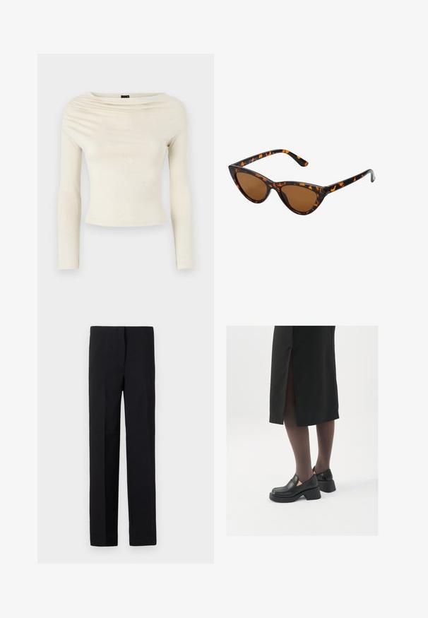 Gina Tricot Long sleeved top - turtledove; Black tailored trousers with a straight cut, featuring a smooth texture and no visible patterns. Standard waistband and a clean finish.; Black leather shoes with a rounded toe, thick block heel, and elastic side accents, paired with dark tights and a black skirt with a slit.; Cat-eye sunglasses with a black and orange tortoiseshell frame, brown lenses, and sleek, pointed tips. Features a minimal logo on the temple.