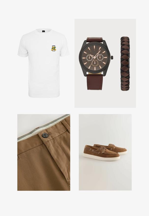 Bela bombažna majica s sprednjim printom limon in besedilom: "V redu je biti drugačen." Klasičen kroj okroglega ovratnika in kratkimi rokavi.; Rjavi bombažni hlače z gumbom, zadrgo in kontrastnim materialom na pasu. Vključujejo urejen šiv in teksturiran zaključek.; Rjave semiš čevlje z belim gumijastim podplatom, vezalni dizajn, kovinske luknjice in kontrastno šivanje ob robovih.; Pier One SET - Ura - black/brown