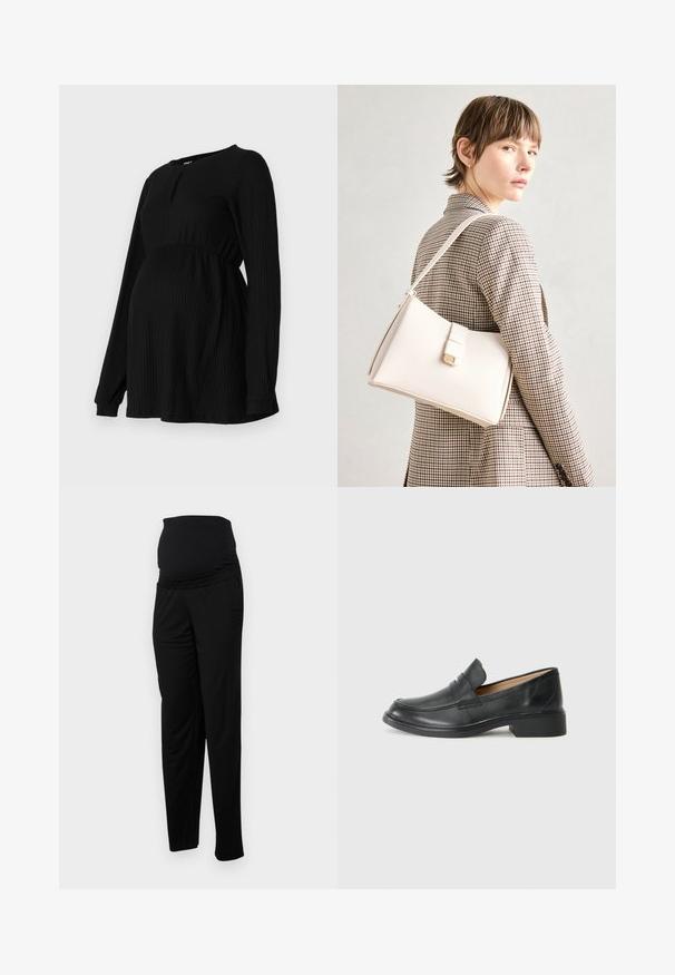 Top de maternidade preto com mangas longas, textura canelada, cintura elástica e um decote redondo com um pequeno detalhe em forma de buraco na frente.; Calças de maternidade pretas feitas de tecido suave, com uma cinta elástica larga, corte descontraído e dois bolsos laterais para funcionalidade.; Mocassim de couro preto com um salto baixo, apresentando um design costurado e estilo slip-on, contra um fundo branco liso.; Bolsa de mão em couro branco com um design estruturado, apresentando um fecho magnético e uma alça de ombro, exibida sobre um fundo neutro.