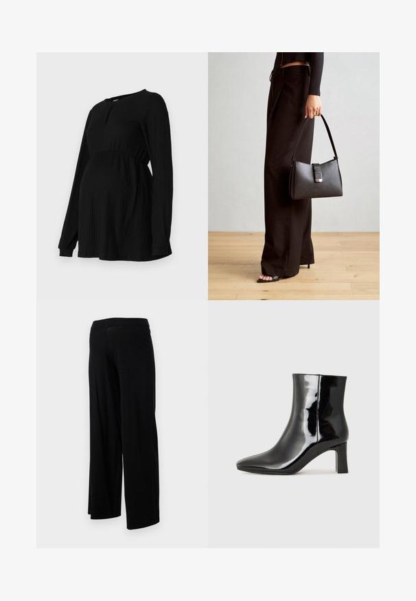 Top de maternidade preto com mangas longas, textura canelada, cintura elástica e um decote redondo com um pequeno detalhe em forma de buraco na frente.; Calças largas pretas com uma cintura elástica e uma textura suave e elástica. Apresenta um design simples, sem padrões ou adornos.; Botim de tornozelo em pele sintética preta com bico apontado e salto bloco de altura média. Textura suave e design minimalista.; Bolsa preta com forma estruturada, textura suave e um fecho metálico. Combinada com calças largas pretas e sandálias de salto aberto sobre um chão de madeira.