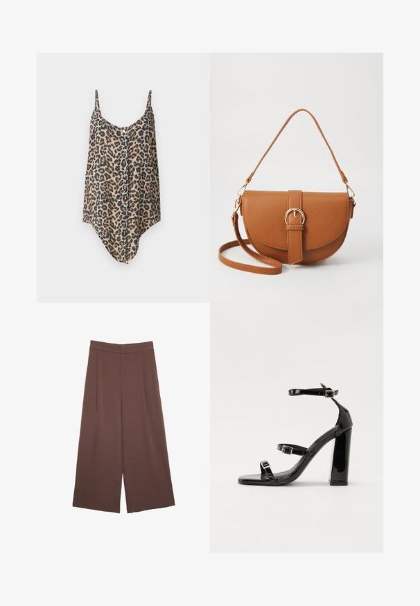 Camisole w wzór w panterkę w odcieniu beżowym i brązowym, z regulowanymi ramiączkami i guzikiem z przodu oraz asymetrycznym dołem.; Brązowe spodnie o szerokich nogawkach z gładką fakturą, z wysokim stanem i plisami z przodu. Materiał jest lekki i luźno opada.; Czarne lakierowane sandały na obcasie z kwadratowym noskiem, z paskami wokół kostki i srebrnymi klamrami. Posiadają masywny słupek dla stabilności.; Brązowa skórzana torba na ramię o zaokrąglonym kształcie, ze złotymi akcentami i zapięciem w formie klamry. Posiada odpinany pasek na ramię.