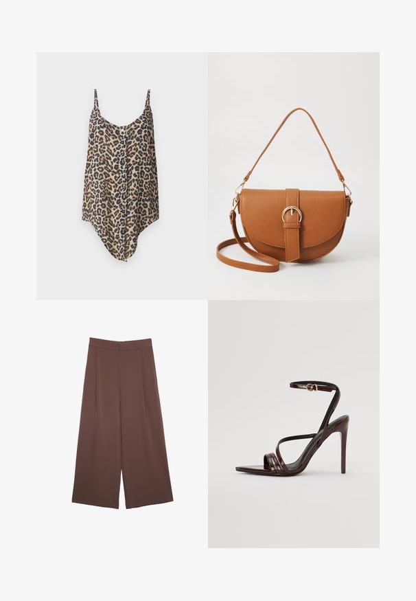 Camisole s leopardím potiskem v béžové a hnědé barvě, s nastavitelnými ramínky a knoflíkovou ozdobou vpředu, s asymetrickým lemem.; Hnědé široké kalhoty s hladkou texturou, vysokým pasem a předními záhyby. Materiál je lehký a volně splývá.; Bordeaux lakované kožené sandály na vysokém podpatku s řemínkem kolem kotníku, špičatou špičkou a třemi vodorovnými pásky přes nohu. Zlacený detail s přezkou.; Hnědá kožená křížová taška s zakřiveným tvarem, zlatými detaily a akcentem s přezkou. Obsahuje odnímatelný popruh na rameno.