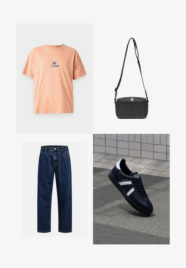 Meruňkově zbarvené bavlněné tričko s krátkými rukávy, kulatým výstřihem a modře potisknutým logem s designem pádla a textem "NY PADEL."; Tmavě modré džíny s rovnými nohavicemi. Mají viditelné švy, zapínání na knoflík a přední záhyby pro zvýraznění detailu.; Černé kožené tenisky s bílými pruhy, texturovanou gumovou podrážkou a šněrováním vpředu. Obsahují značenou etiketu na jazyku.; Černá kožená taška přes rameno s uzávěrem na zip, vyraženým logem na přední straně a nastavitelným popruhem. Hladký povrch s obdélníkovým tvarem.