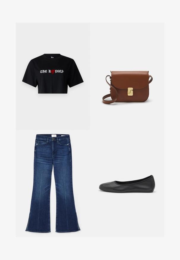 Must mustre t-särk, mis on valmistatud puuvillast, millel on julge valge ja punane graafiline tekst "THE ROPDIES" koos südamesümboliga disainis.; Tumedat sinised laiad teksad, mis on valmistatud denimist. Omavad kõrget vööd, eesmine taskud ja lõhikud hemmi juures. Klassikaline viie-tasku disain.; Musthave mustika tantsutossud mustast nahast, ümmarguse varbaga, siledast tekstuurist, minimaalse õmblusdetailiga ja paindliku tallakujundusega.; Pruunist nahast käekott, millel on klapiga sulgur, kuldne riistvara, õlarihm ja sile tekstuur. Kompaktne ristkülikukujuline vorm.