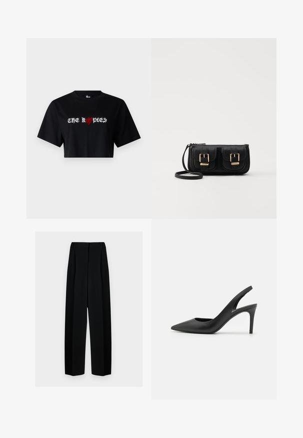 Sort cropped T-shirt lavet af bomuld med fed hvid og rød grafisk tekst "THE ROPDIES" med et hjerte-symbol integreret i designet.; Sorte vide benbukser med høj talje, der har læg og en glat tekstur. Stoffet virker let og falder elegant.; Sorte læder slingback høje hæle med spids tå-design, der har en udskæring fortil og en tynd stiletto-hæl.; Sort læder crossbody taske med to frontlommer, guldspænder, lynlåslukning og en slank rem. Struktureret overflade og kompakt rektangulær form.