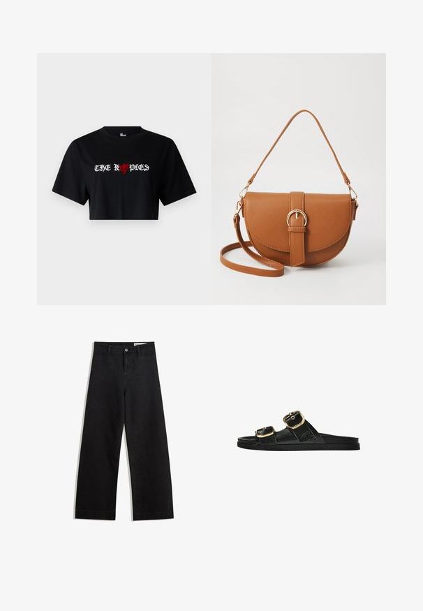 Black cropped T-shirt made of cotton featuring bold white and red graphic text "THE ROPDIES" with heart symbol incorporated in the design.; Black wide-leg denim pants with a high waist, featuring front and back pockets, stitched seams, and a button closure. Smooth texture.; Black slide sandal with two gold buckle accents, smooth textured material, flat sole, and a minimalist design.; Brown leather crossbody bag with a curved shape, gold hardware, and a buckle accent. Features a detachable shoulder strap.