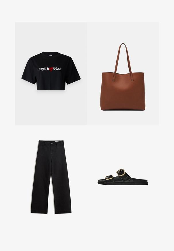 Black cropped T-shirt made of cotton featuring bold white and red graphic text "THE ROPDIES" with heart symbol incorporated in the design.; Black wide-leg denim pants with a high waist, featuring front and back pockets, stitched seams, and a button closure. Smooth texture.; Black slide sandal with two gold buckle accents, smooth textured material, flat sole, and a minimalist design.; Brown leather tote bag with a smooth texture, open top design, and two shoulder straps. Features minimal stitching and no visible hardware.