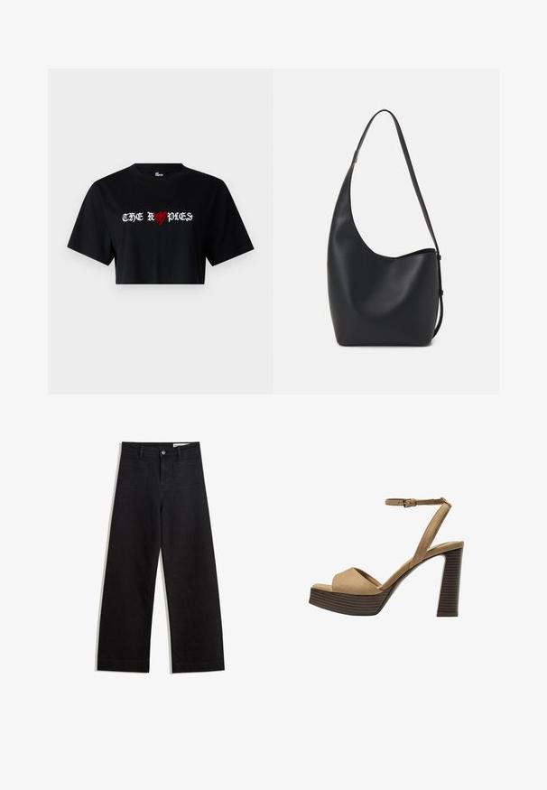Čierne skrátené tričko vyrobené z bavlny, ktoré obsahuje výrazný biely a červený grafický text "THE ROPDIES" so srdcovým symbolom zakomponovaným do dizajnu.; Čierne denimové nohavice s širokými nohavicami a vysokým pásom, so prednými a zadnými vreckami, šitými švami a zapínaním na gombík. Hladká textúra.; Bežové semišové sandále na vysokom opätku s širokým predným pásom a pásikom okolo členka, ktoré majú masívny drevený blokový opätok s textúrovaným povrchom.; Čierna kožená hobo taška so hladkou textúrou, zakriveným tvarom a jedným nastaviteľným popruhom; má široké otvorenie na vrchu.