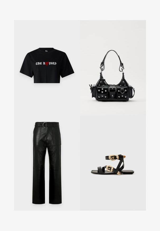 Juodas trumpas medvilninis marškinėlis su ryškiu baltu ir raudonu grafiniu tekstu "THE ROPDIES", į dizainą įtrauktu širdies simboliu.; Aukštos juosmens juodos odinės kelnės su plačiomis kojomis, dideliais priekiniais kišenėmis ir atitinkamu diržu su dvigubu žiedu.; Juodos odinės šlepetės su auksiniais sagtelėmis, turinčios daugybę dirželių ir plokščią padą, skirtos atviriems pirštams.; Juodas odinis rankinukas su kreiviu dizainu, su sidabro spalvos knopkėmis, užsegimu ir dviem šoninėmis kišenėmis. Reguliuojama dirželis nešimui.