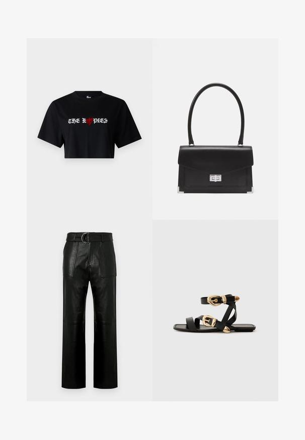 Melnā īsā T-kreklā, kas izgatavots no kokvilnas, ir drosmīgs balts un sarkans grafiskais teksts "THE ROPDIES" ar sirdī simbolu, kas iekļauts dizainā.; Augstās jostas melni ādas bikses ar plašām kājām, lielām priekšējām kabatām un atbilstošu jostu ar dubultā gredzena sprādzi.; Melni ādas sandales ar zelta sprādzēm, ar vairākām siksnām un plakanu zoli, piemērotas valkāšanai ar atvērtu purngala.; Melna ādas rokassoma ar strukturētu dizainu, augšējo rokturi un sudraba sprādzi. Iekļauj stūru akcentus un gludu tekstūru.