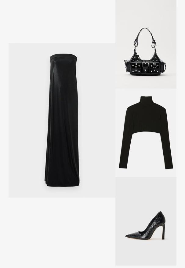 Juodas trumpas ilgomis rankovėmis viršus su aukštu kaklu. Pagamintas iš elastingos medžiagos, turi užtrauktuko užsegimą gale ir šonines skyles.; Juoda maxi suknelė be petnešėlių, pagaminta iš glotnaus, blizgaus audinio. Suknelė turi prigludusią viršūnę ir laisvą siluetą, siekiantį grindis, be jokių puošmenų.; Juoda smailiakulnė aukšto kulno bateliai su krokodilo odos tekstūra, pasižymintys elegantišku dizainu, aukštu stiletu kulnu ir lygia juoda vidine dalimi.; Juodas odinis rankinukas su kreiviu dizainu, su sidabro spalvos knopkėmis, užsegimu ir dviem šoninėmis kišenėmis. Reguliuojama dirželis nešimui.