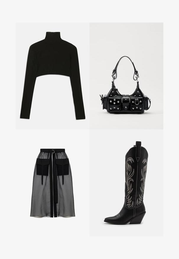 Black cropped long-sleeve top with a high neck. Made from stretchy fabric, features a back zipper closure and side slits.; Black sheer skirt with a gathered waistband, featuring two large front pockets, a waist tie, and a circular metal accent.; Black leather cowboy boots with pointed toes, wedge heels, and silver embroidered floral patterns along the shaft. Contrast stitching throughout.; Black leather handbag with a curved design, featuring silver studs, a buckle, and two side pockets. Adjustable strap for carrying options.
