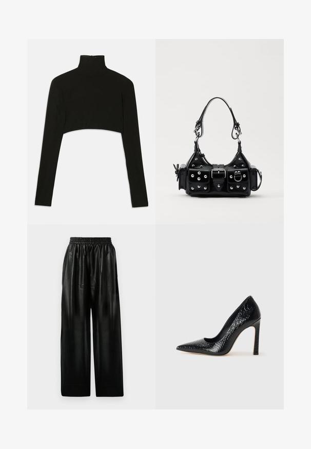 Fekete, crop fazonú, hosszú ujjú felső magas nyakkal. Rugalmas anyagból készült, hátul cipzáros záródással és oldalhasítékokkal rendelkezik.; Fekete bőr széles szárú nadrág, rugalmas derékkal, két oldalsó zsebbel és sima, fényes textúrával.; Fekete hegyes orrú magassarkú cipő krokodilbőr textúrával, letisztult dizájnnal, magas tűsarkú és sima fekete belső résszel.; Fekete bőr kézitáska ívelt designnal, ezüst szegecsekkel, csattal és két oldalsó zsebbel. Állítható vállpánt a hordozási lehetőségekhez.